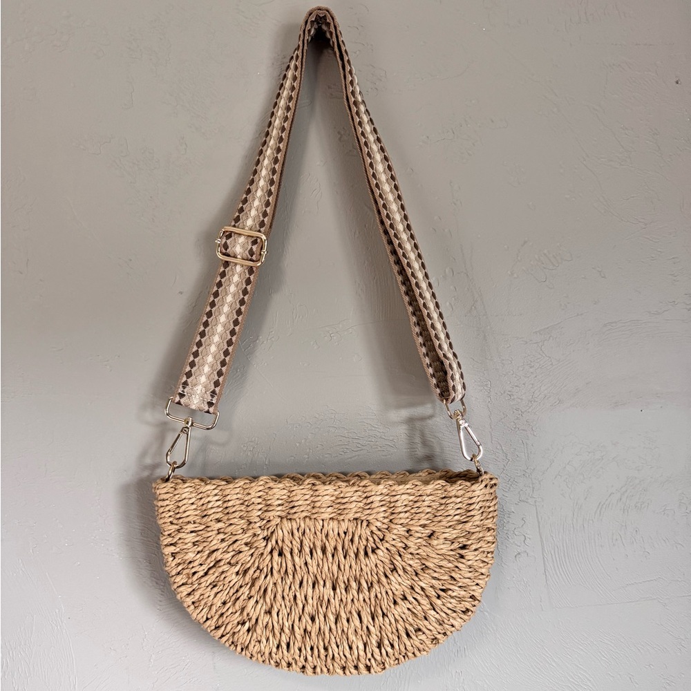 Tan Woven Straw Crescent Shoulder Bag
